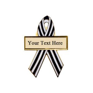 Personalized cause black and white pinstripes personalized enamel ribbon pins Breast Implant Illness Breast Implant Injury Silicone Poisoning Silicone Toxicity