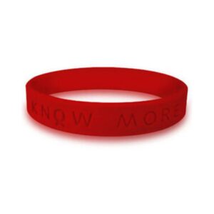 Personalized cause red KNOW MORE wristband Addiction Bleeding Disorders Heart Disease Hemophilia HIV Hypertension MADD Mothers Against Drunk Driving Stroke Von Willebrand Disease Womens Heart Health