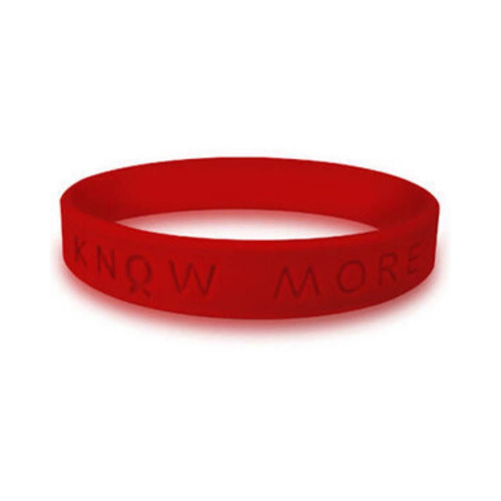 Personalized cause red KNOW MORE wristband Addiction Bleeding Disorders Heart Disease Hemophilia HIV Hypertension MADD Mothers Against Drunk Driving Stroke Von Willebrand Disease Womens Heart Health